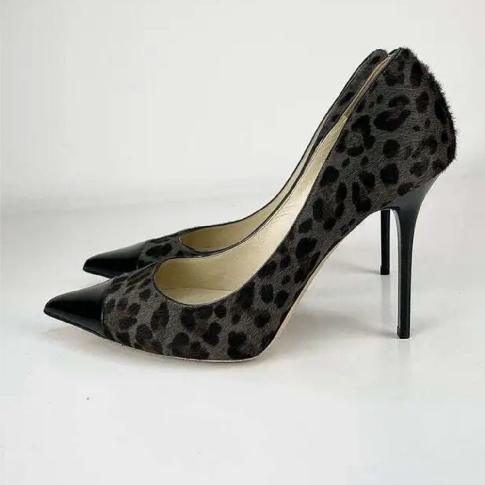 Jimmy Choo Leopard Print Pony Patent Cap-Toe Alias Heels in Smoke/Black 35 1/5